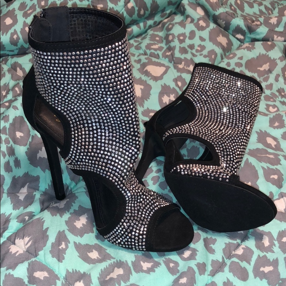 New black rhinestone heels